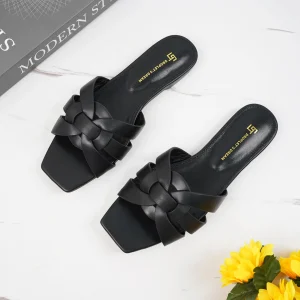 Mules plates  en cuir pour femme - Noir