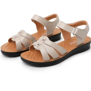 Sandales femme cuir à scratch - Rouge & Beige